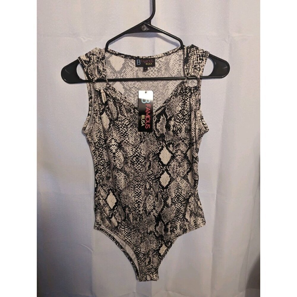 B Famous Women's Size Medium Brown Animal Print One Piece Body Suit NWTs - Picture 1 of 15